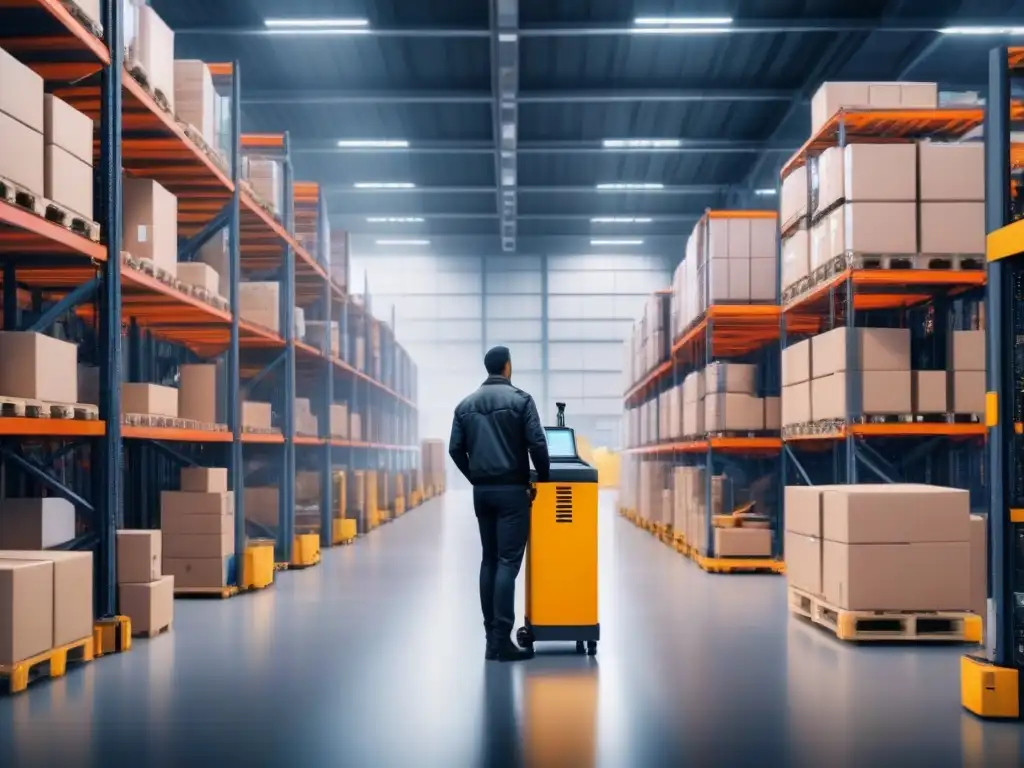 Centro logístico moderno y eficiente: innovación y precisión en acción Transformación digital en logística eficiente: Centro logístico moderno y dinámico con trabajadores operando maquinaria automatizada de última generación