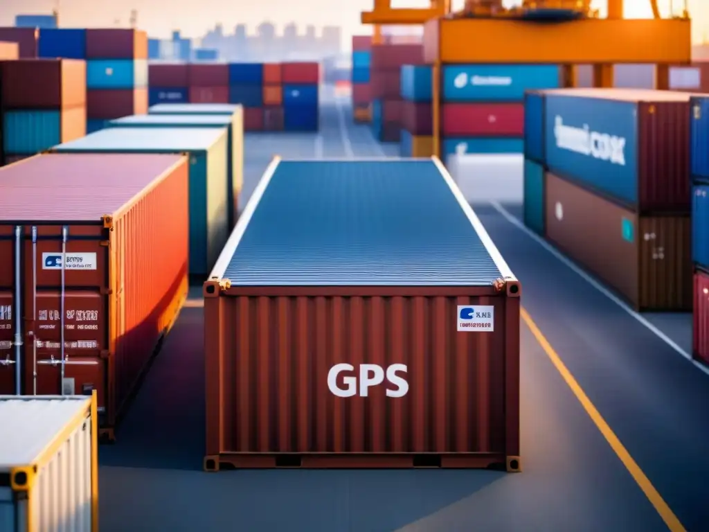 Dispositivo GPS en contenedor: tecnología logística Un dispositivo de seguimiento GPS en un contenedor de envío, integrado en la industria logística