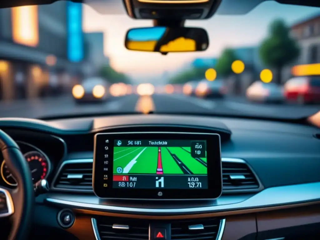 Dispositivo GPS en vehículo: ubicación en tiempo real Un dispositivo de seguimiento GPS en un vehículo, mostrando información en tiempo real y datos de optimización de ruta