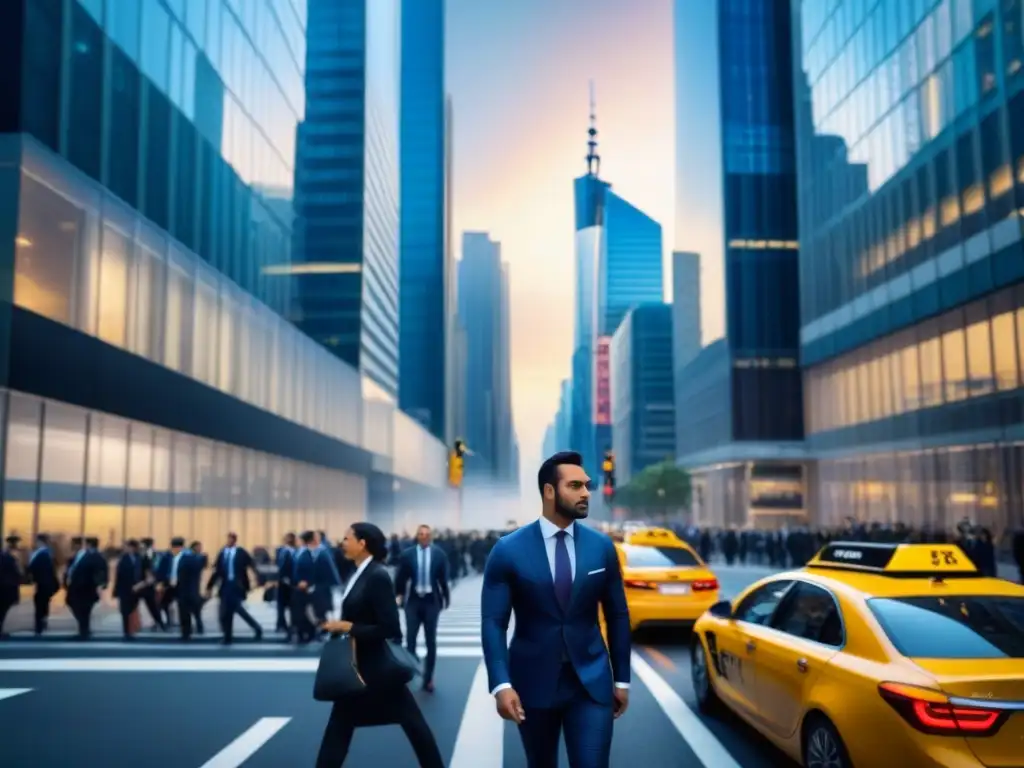 Centro financiero vibrante: conexiones entre regulaciones y logística Un distrito financiero bullicioso con rascacielos imponentes, donde profesionales en trajes de negocios se apresuran por las aceras y los taxis se alinean frente a un moderno edificio de cristal que alberga un importante banco