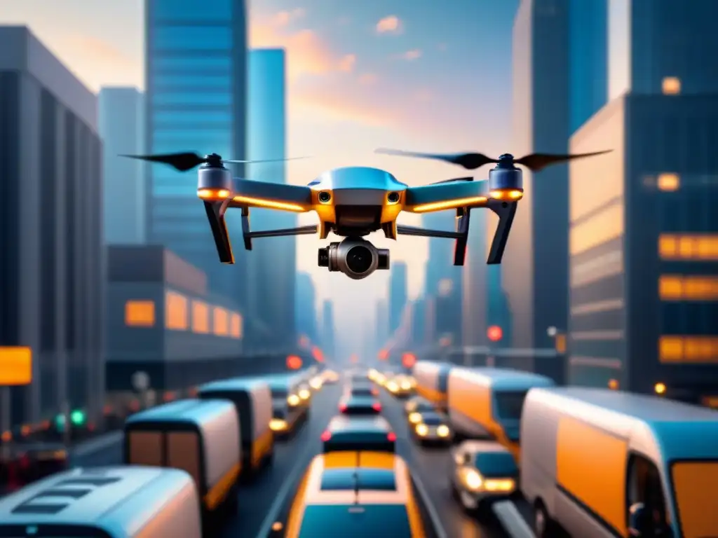 Avanzada tecnología de drones en entregas urbanas Un dron avanzado sobre una ciudad bulliciosa, destacando la tecnología en entregas de paquetes