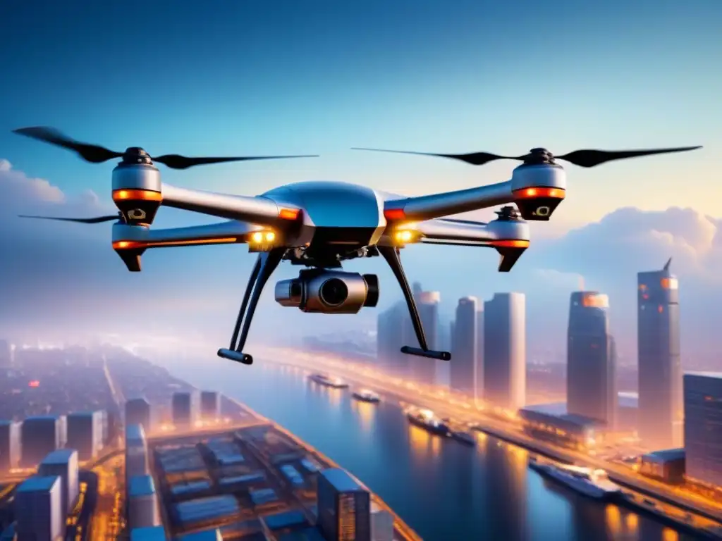 Dron de carga avanzado en vuelo sobre la ciudad Un dron de carga avanzado en vuelo sobre una ciudad futurista de noche, destacando su tecnología y seguridad en transporte aéreo mercancías