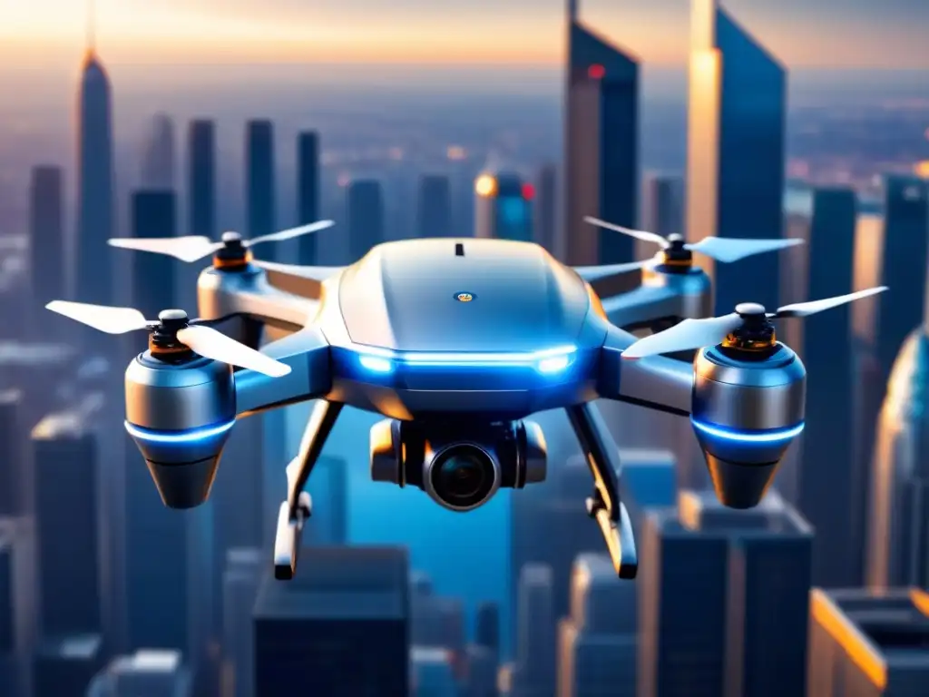 Drone de entrega futurista en la ciudad Un dron de entrega futurista sobrevolando la ciudad, mostrando la eficiencia de los robots para entrega paquetes