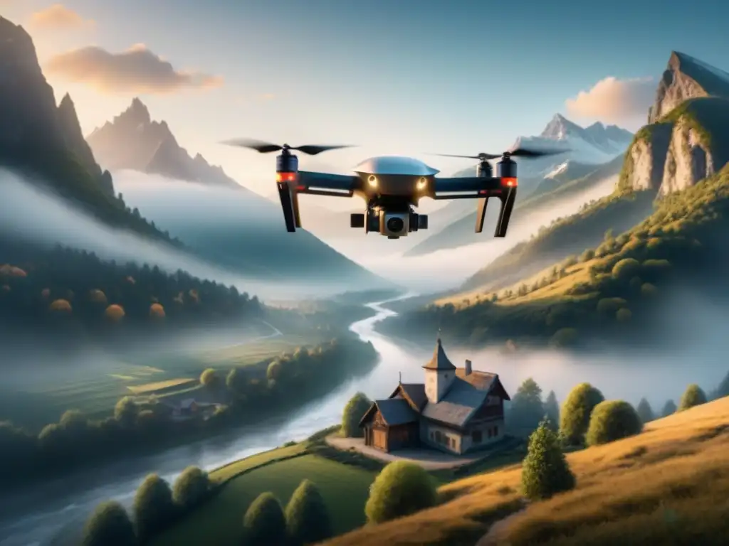 Drone de entrega en aldea remota entre montañas Un dron de entrega de paquetes sobrevuela un valle montañoso remoto