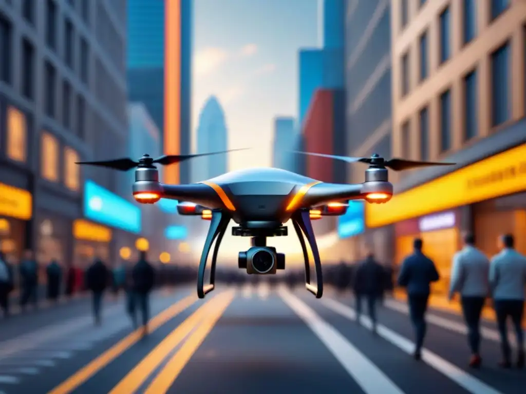 Drone de entrega con IA en ciudad futurista Un dron de entrega con tecnología AI avanzada en una ciudad bulliciosa, mostrando la personalización en la última milla