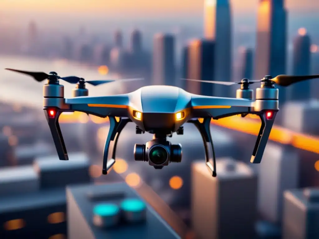 Drone de entrega: tecnología avanzada en acción Un dron de entrega tecnológico mejora eficiencia entrega paquetes, con detalles técnicos y diseño futurista
