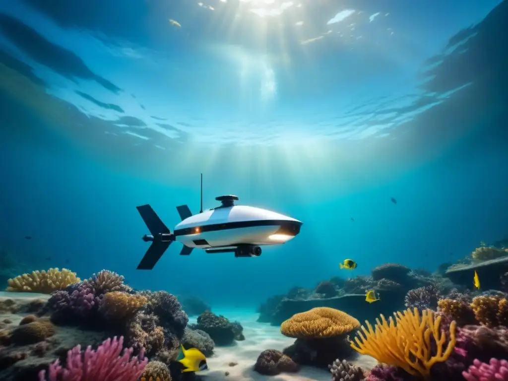 Un dron submarino de última tecnología cartográfica explorando el fondo marino entre peces y corales