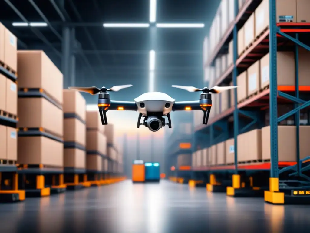 Drone innovador revoluciona logística Un dron de vanguardia con baterías de última generación sobrevuela con elegancia un centro logístico ocupado