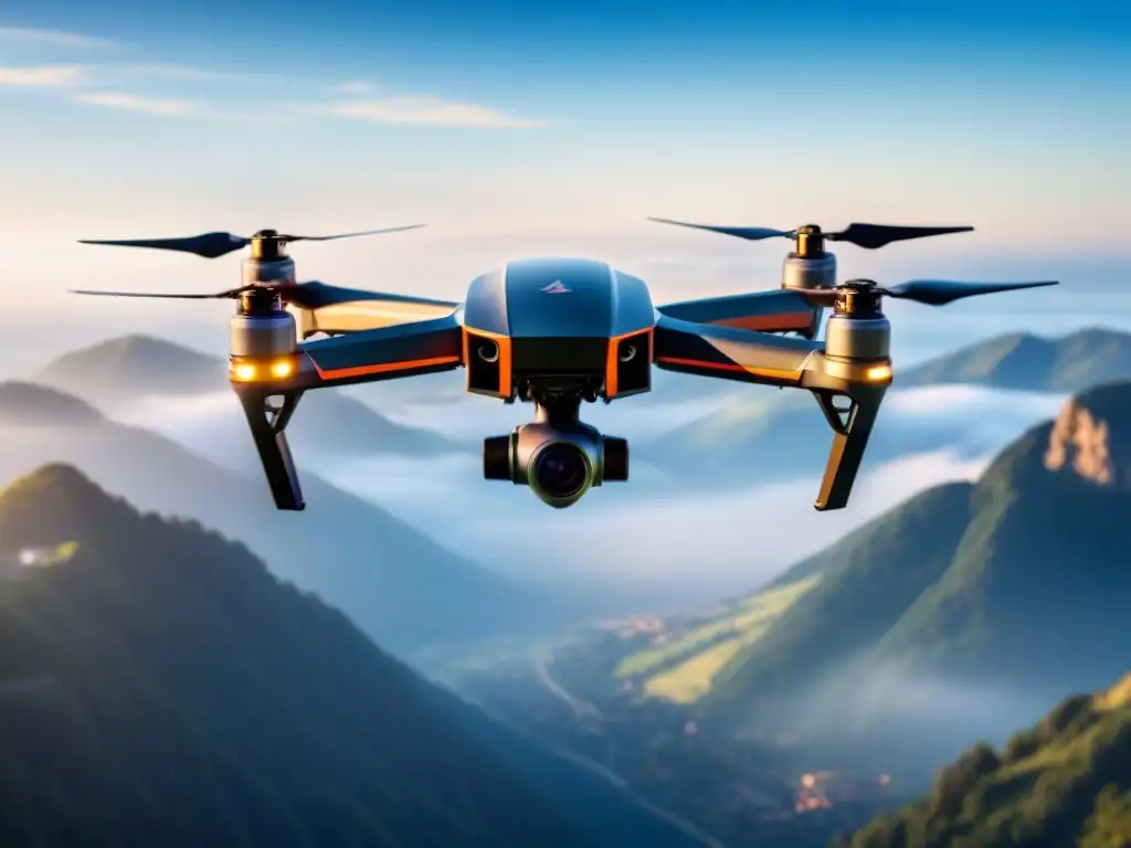 Avanzada tecnología: Dron moderno recargando en vuelo Drone de alta tecnología recargándose en pleno vuelo para mejorar eficiencia en la gestión de paquetes
