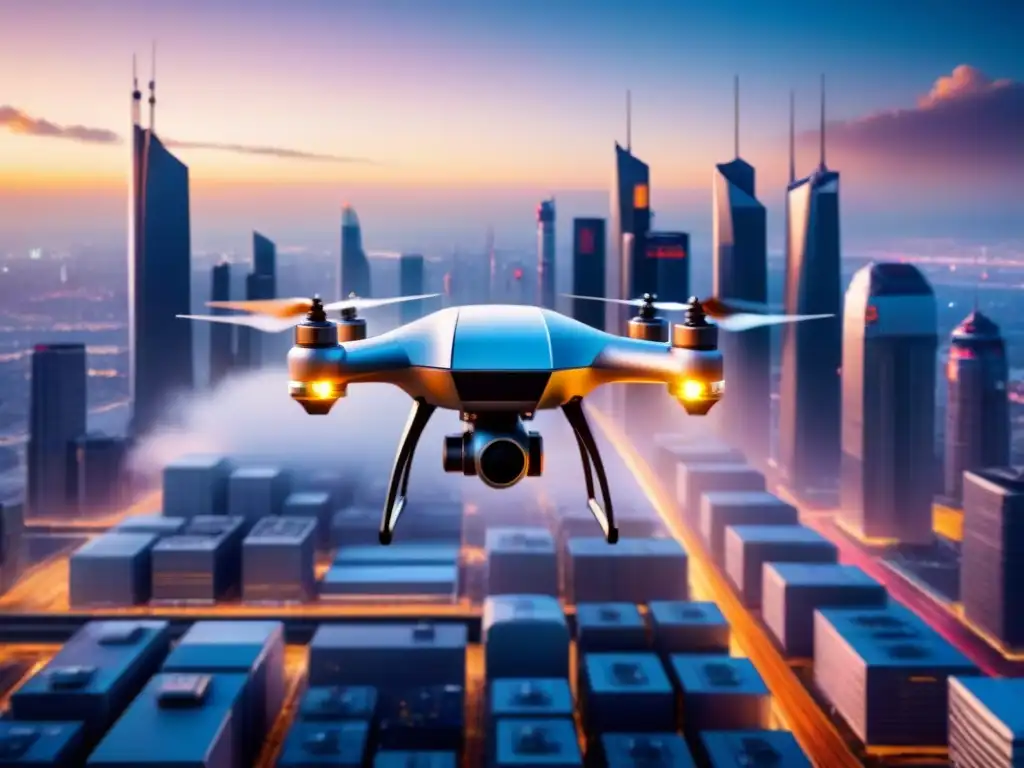 Drone de carga futurista sobre ciudad nocturna Un drone de carga futurista sobrevuela una ciudad bulliciosa al anochecer, con rascacielos iluminados y autopistas llenas de camiones autónomos