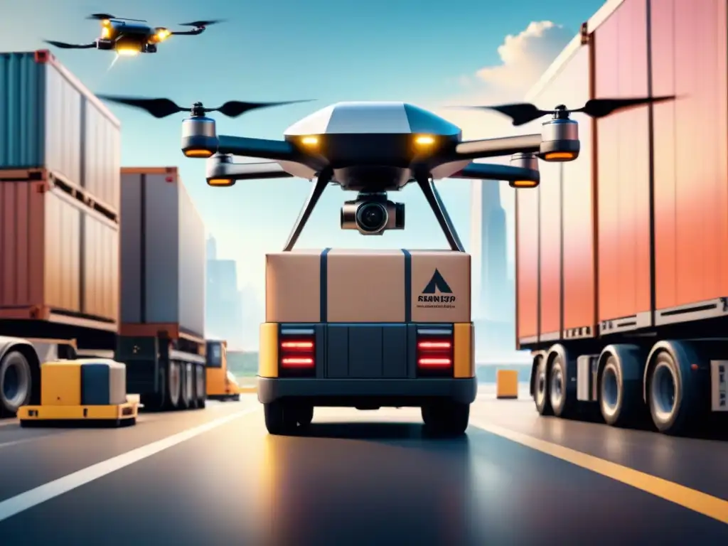 Transporte de carga del futuro: Drone y camión autónomo en acción Un drone de carga futurista transfiere paquetes a un camión autónomo en un centro de transporte bullicioso