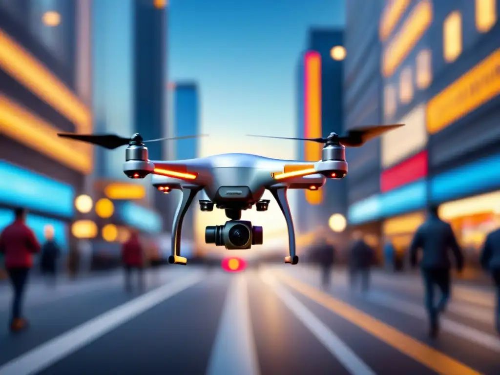 Drone urbano: tecnología avanzada en acción Un drone sobrevuela una concurrida calle de la ciudad, destacando sus avanzados mecanismos y sensores