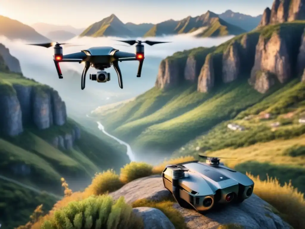 Entrega de paquete en montaña remota: drone tecnológico Drone entrega paquete en ubicación remota de montaña