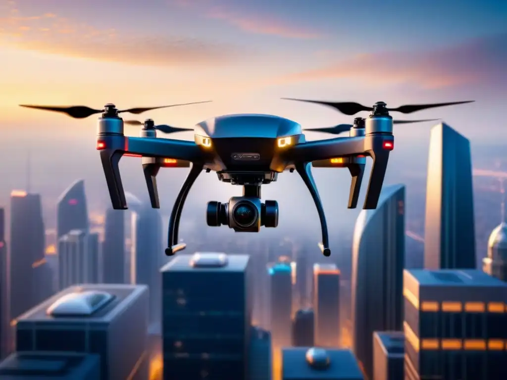 Dron de entrega volando sobre la ciudad al anochecer Un drone de reparto de paquetes surca la ciudad al atardecer, con paquete asegurado