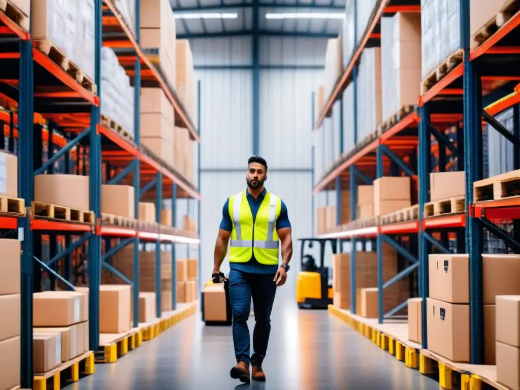 Almacén logístico eficiente: Innovación y precisión en acción Eficiencia y precisión en un almacén logístico con trabajadores organizando estanterías y un montacargas en movimiento