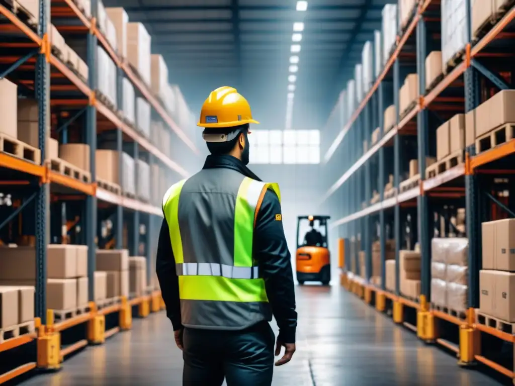 Almacén eficiente: trabajadores organizan productos en un entorno dinámico Eficiencia y precisión en un almacén con trabajadores organizando estantes llenos de productos
