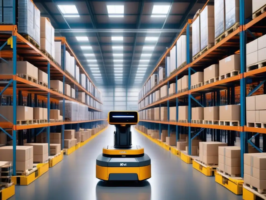 Avanzado sistema de automatización en almacén: robots trabajando en armonía Eficiencia en la automatización de almacenes logística eficiente con robots y operadores humanos supervisando el proceso