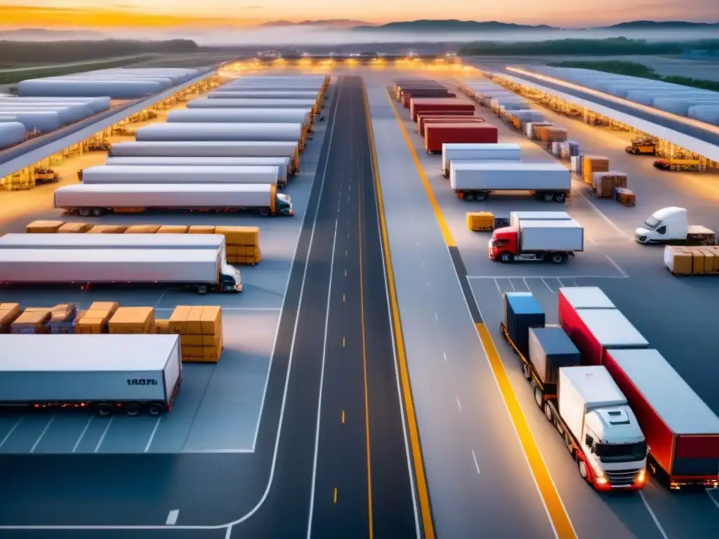 Centro logístico eficiente: operación coordinada y optimización de rutas Eficiencia en un centro logístico con rutas organizadas y trabajadores cargando camiones