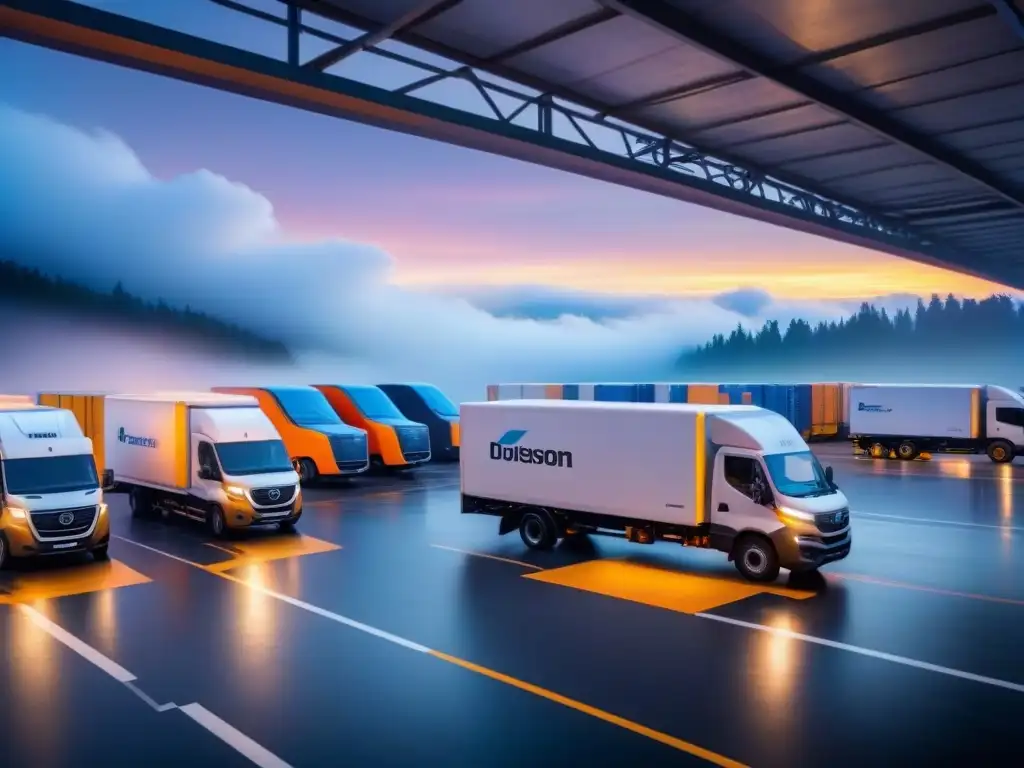 Eficiencia y coordinación en un centro logístico con flota de camiones, trabajadores y rutas optimizadas