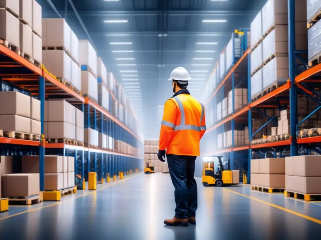 Logística eficiente: demand planning en almacén moderno Eficiencia en la planificación demanda logística con tecnología moderna y trabajadores organizando envíos