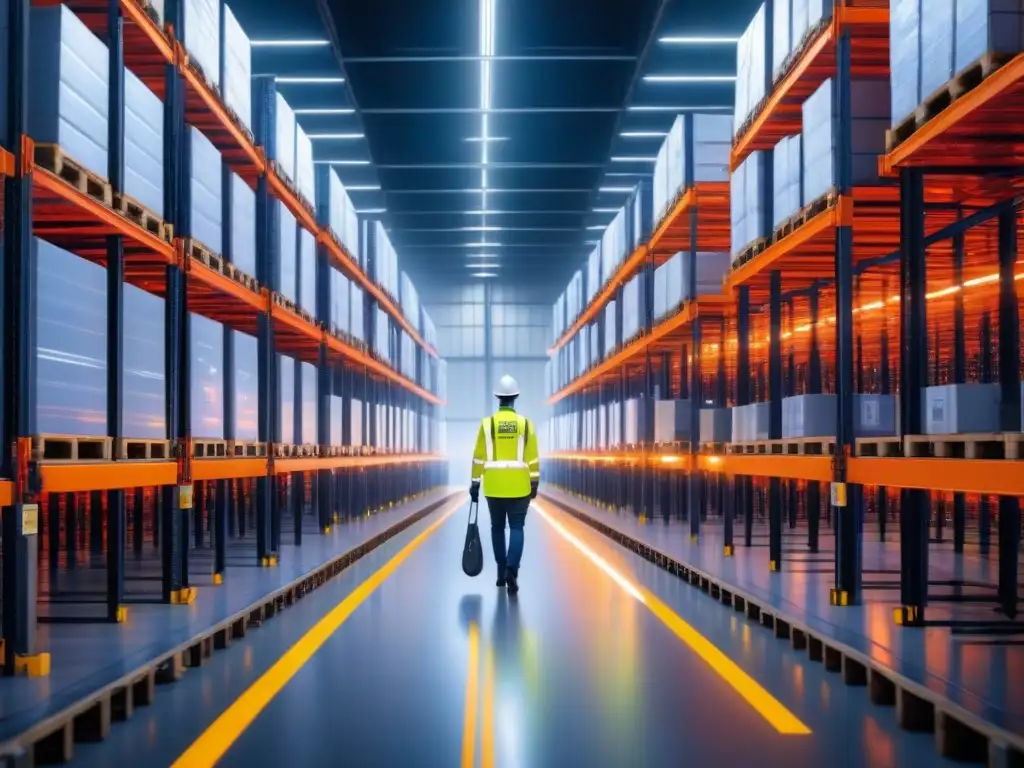 Eficiencia energética en almacenes logísticos: Almacén moderno con paneles solares, robots y trabajadores monitoreando consumo energético