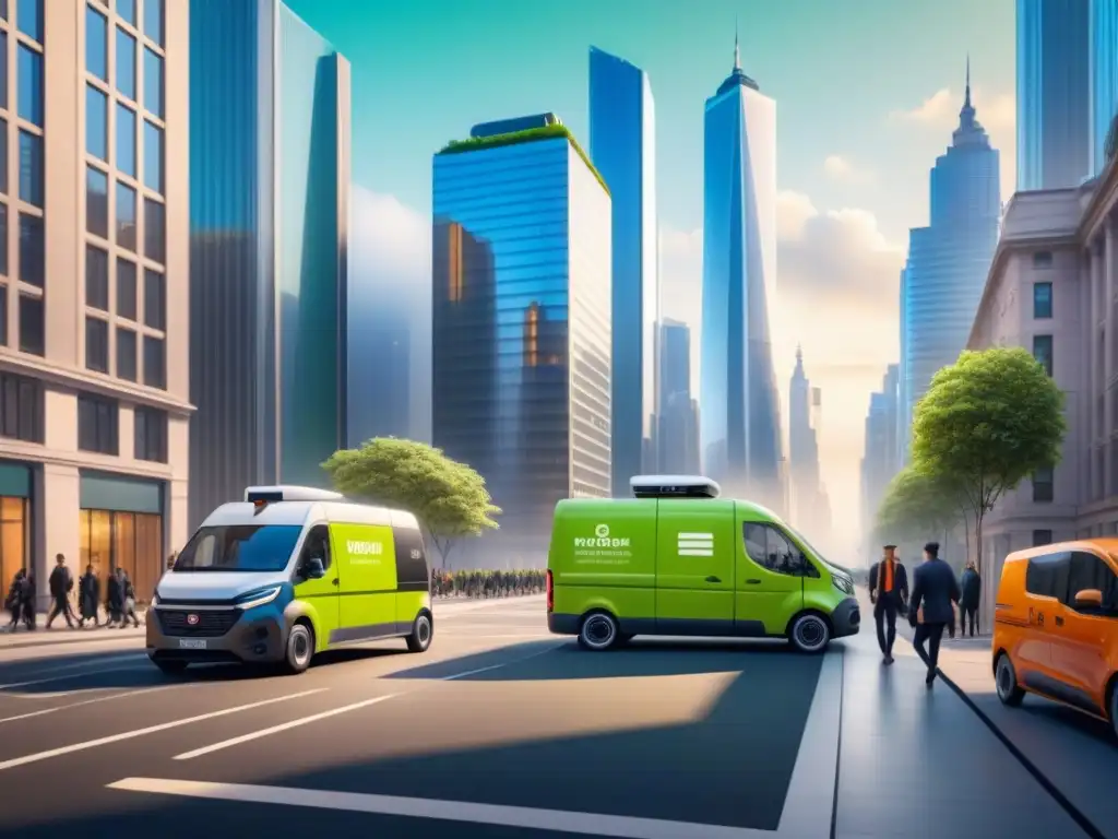 Metrópolis del Futuro: Entrega IoT en Calle Sostenible Eficiencia en entrega última milla: Una ciudad futurista llena de vehículos de entrega tecnológicos y peatones interactivos