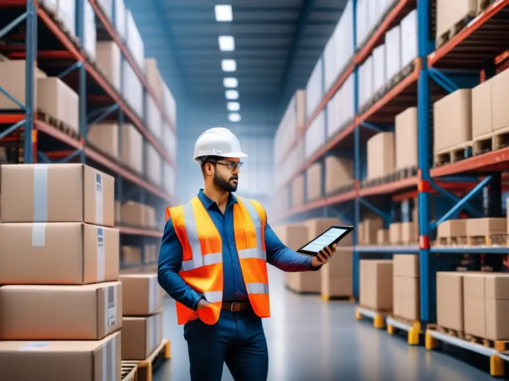 Centro logístico eficiente: trabajadores cargan/descargan mercancía mientras supervisor supervisa operaciones Eficiencia logística en un centro de distribución con certificaciones, trabajadores cargando camiones y supervisores