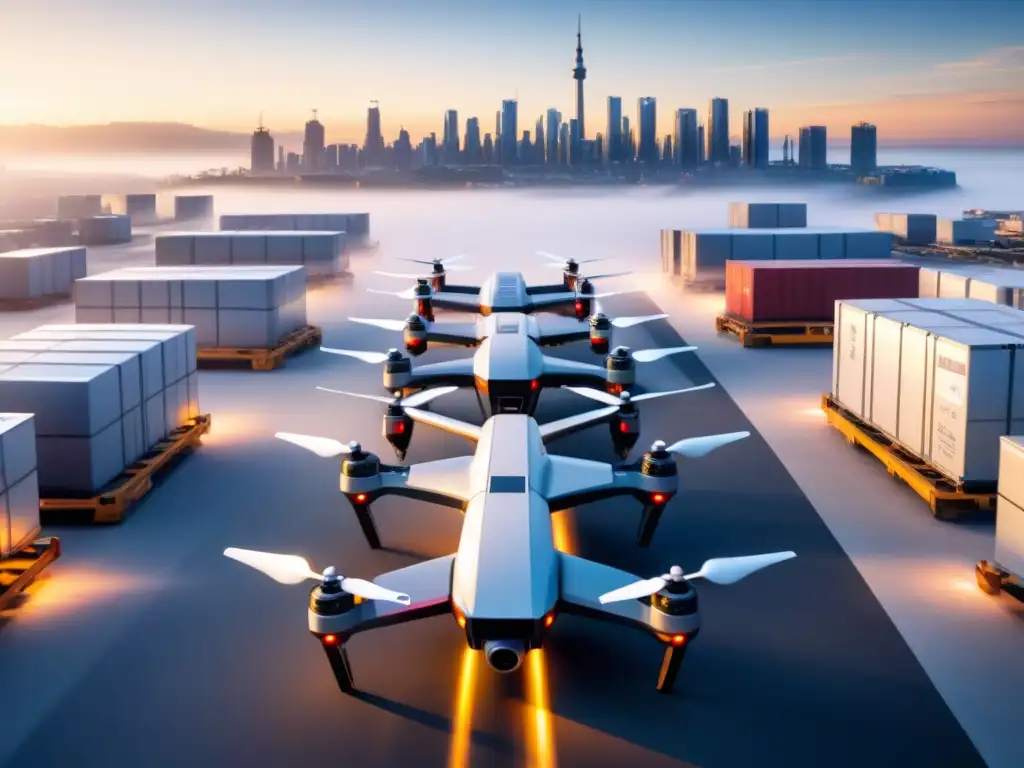 Drones logísticos: eficiencia y tecnología en la ciudad Eficiencia en logística con drones: Flota avanzada de drones sobrevolando la ciudad, simbolizando innovación y tecnología