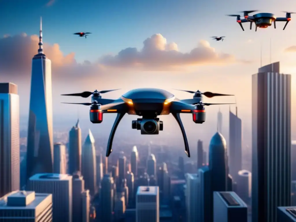 Drones futuristas revolucionando la entrega en ciudad Eficiencia en logística con drones: Flota de drones avanzados sobrevolando una ciudad futurista entre rascacielos