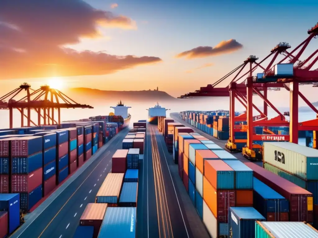 Puerto de carga en acción al amanecer: logística global eficiente Eficiencia en logística global innovadora: Puerto cargado al amanecer con contenedores coloridos y trabajadores activos