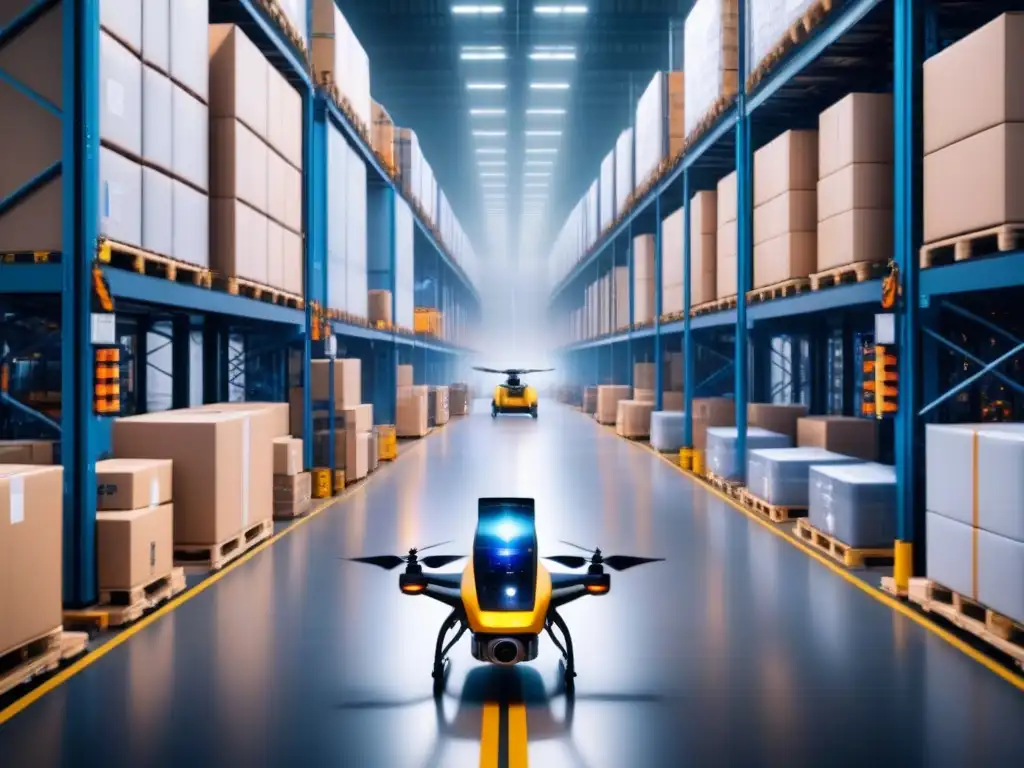 Centro logístico del futuro: drones y robots automatizados en acción Eficiencia en logística global innovadora: Centro logístico futurista con drones y robots moviendo carga en almacén automatizado