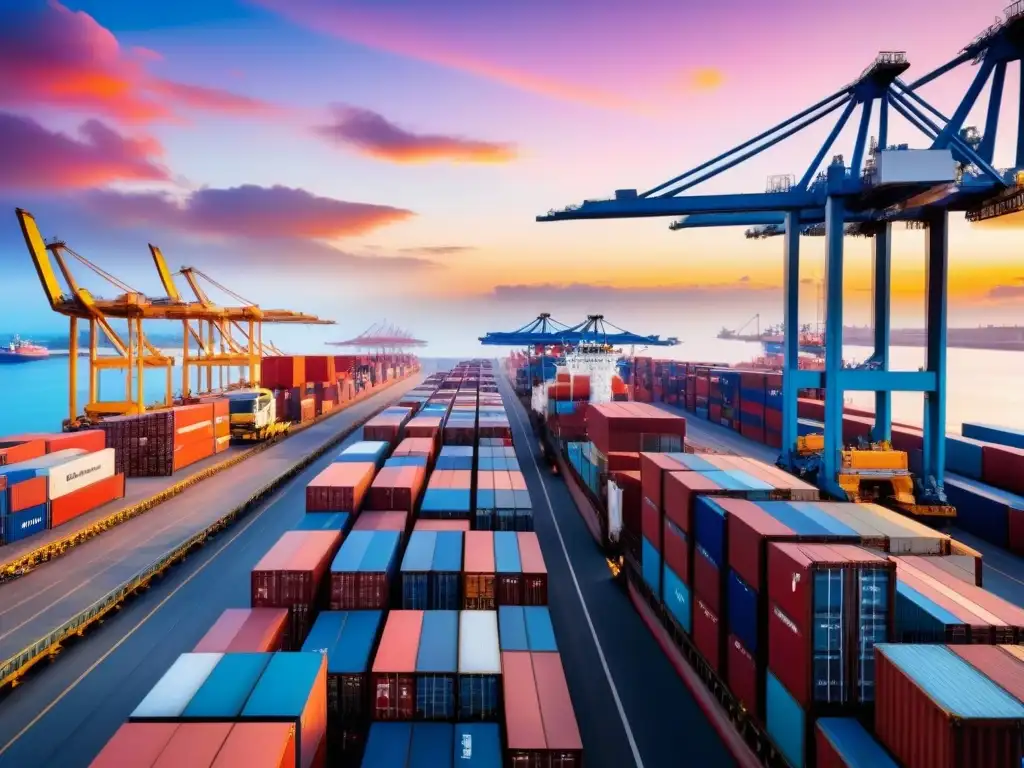 Puerto de carga internacional en plena actividad al amanecer: eficiencia logística y comercio global en armonía Eficiencia en logística internacional innovadora: Puerto de carga bullicioso al amanecer con barcos y trabajadores ocupados