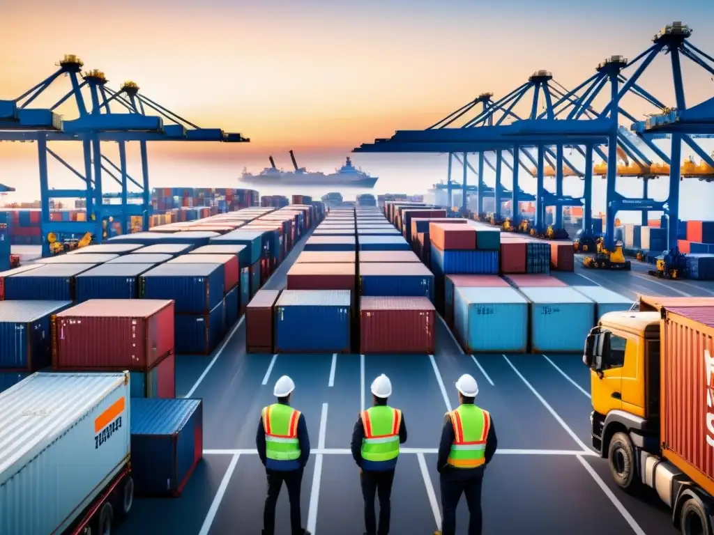 Puerto de comercio internacional: operación logística en acción Eficiencia en logística internacional innovadora: Puerto comercial bullicioso con cargueros y trabajadores ocupados