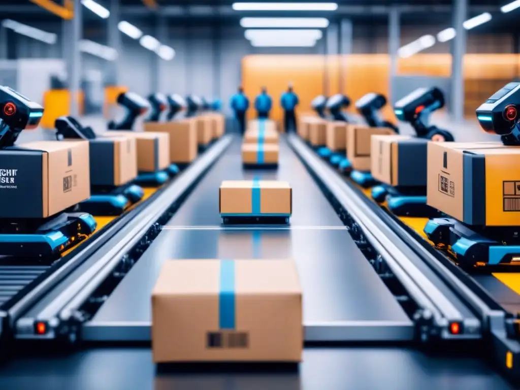 Centro logístico innovador: robots autónomos y AI potencian eficiencia Eficiencia en logística con tecnología: Centro logístico con robots autónomos moviendo paquetes en cintas transportadoras, supervisados por trabajadores y sistemas de IA avanzados en pantallas gigantes