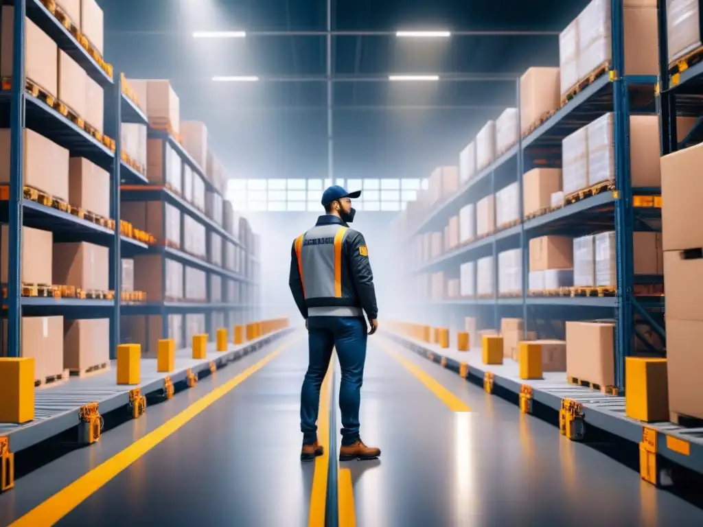 Almacén inteligente: logística eficiente con tecnología avanzada Eficiencia en logística con simulaciones: Un almacén bullicioso con tecnología avanzada integrada en las operaciones logísticas