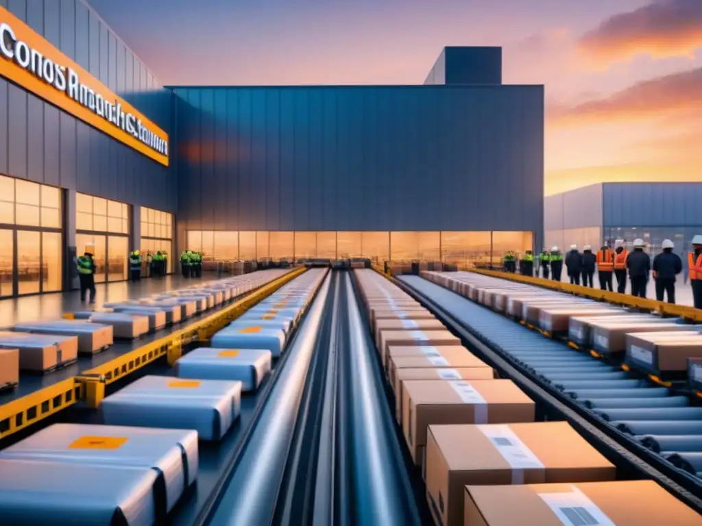 Centro logístico ultradetallado: eficiencia y tecnología al amanecer Eficiencia en logística con simulaciones: Centro logístico automatizado al amanecer