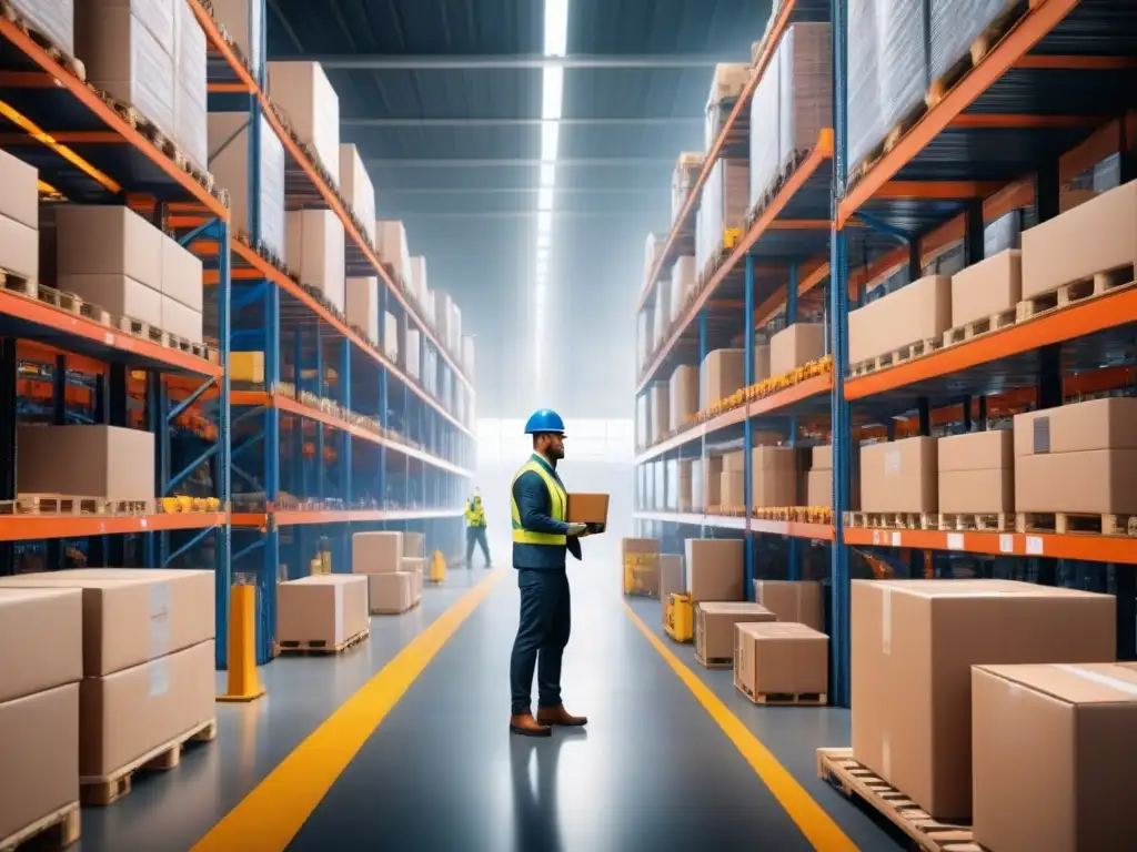 Almacén logístico: eficiencia y precisión en acción Eficiencia en logística con simulaciones: Almacén dinámico con trabajadores organizando y transportando mercancías con precisión y tecnología avanzada