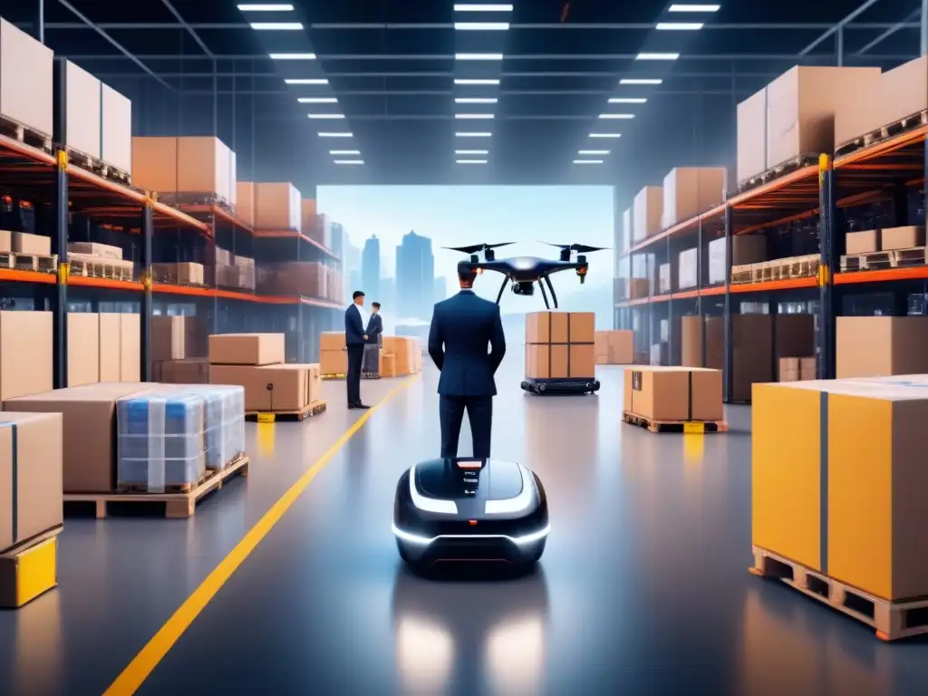 Centro logístico futurista: humanos y tecnología en perfecta armonía Eficiencia en logística con simulaciones: Futurista centro logístico con drones y robots, coordinación entre humanos y tecnología