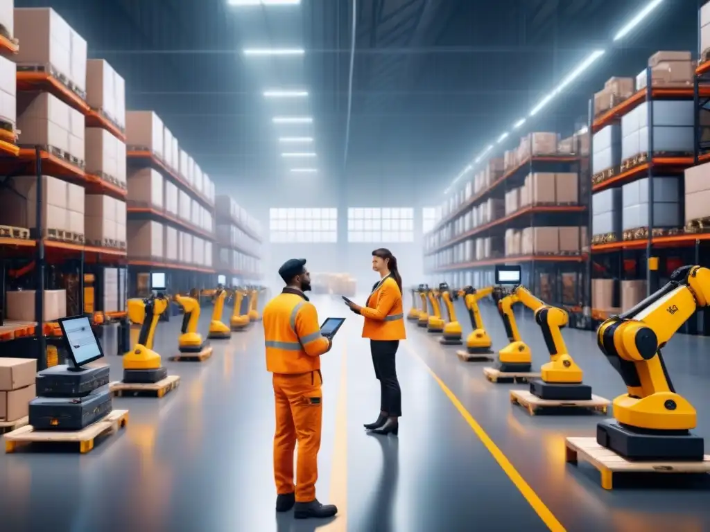 Almacén innovador: trabajadores y robots optimizando procesos logísticos Eficiencia en logística con simulaciones: Profesionales organizan inventario con tecnología avanzada mientras robots automatizados mueven mercancía