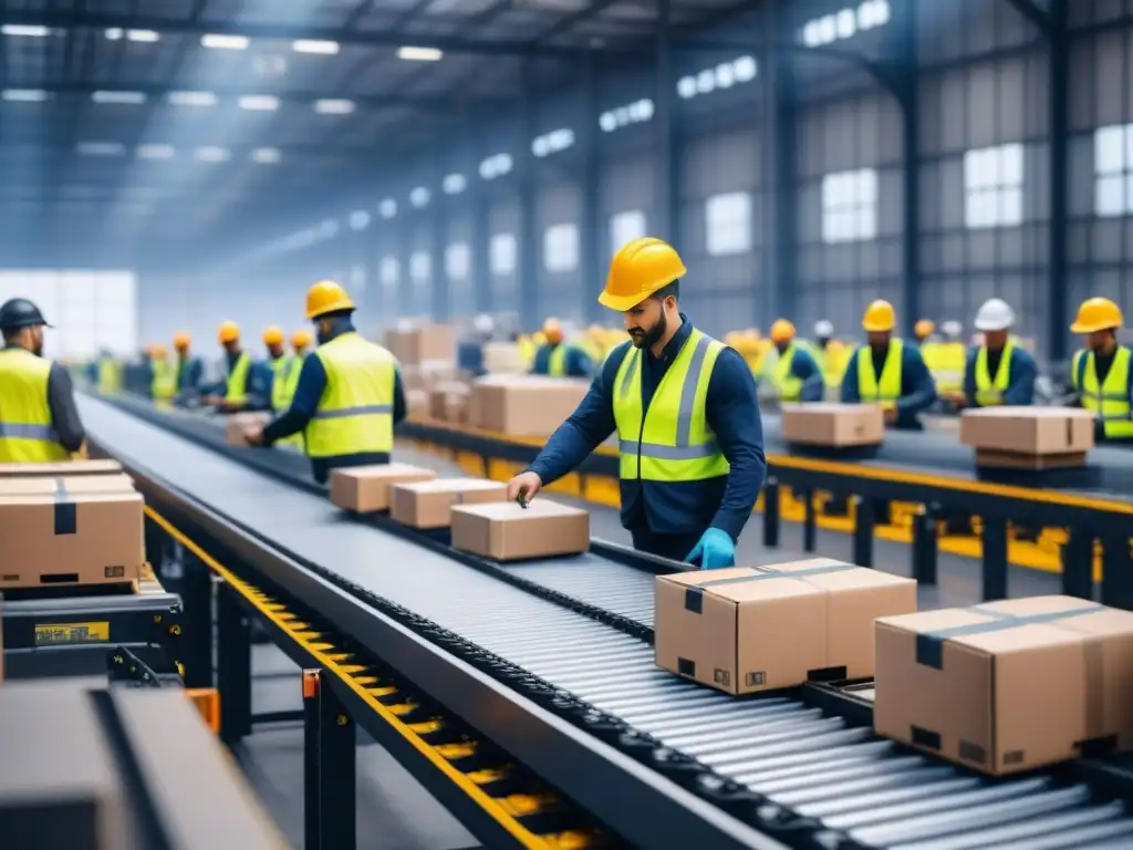 Almacén automatizado: tecnología y colaboración humana en logística Eficiencia en logística con tecnología: Almacén con brazos robóticos y trabajadores supervisando el proceso con tabletas digitales