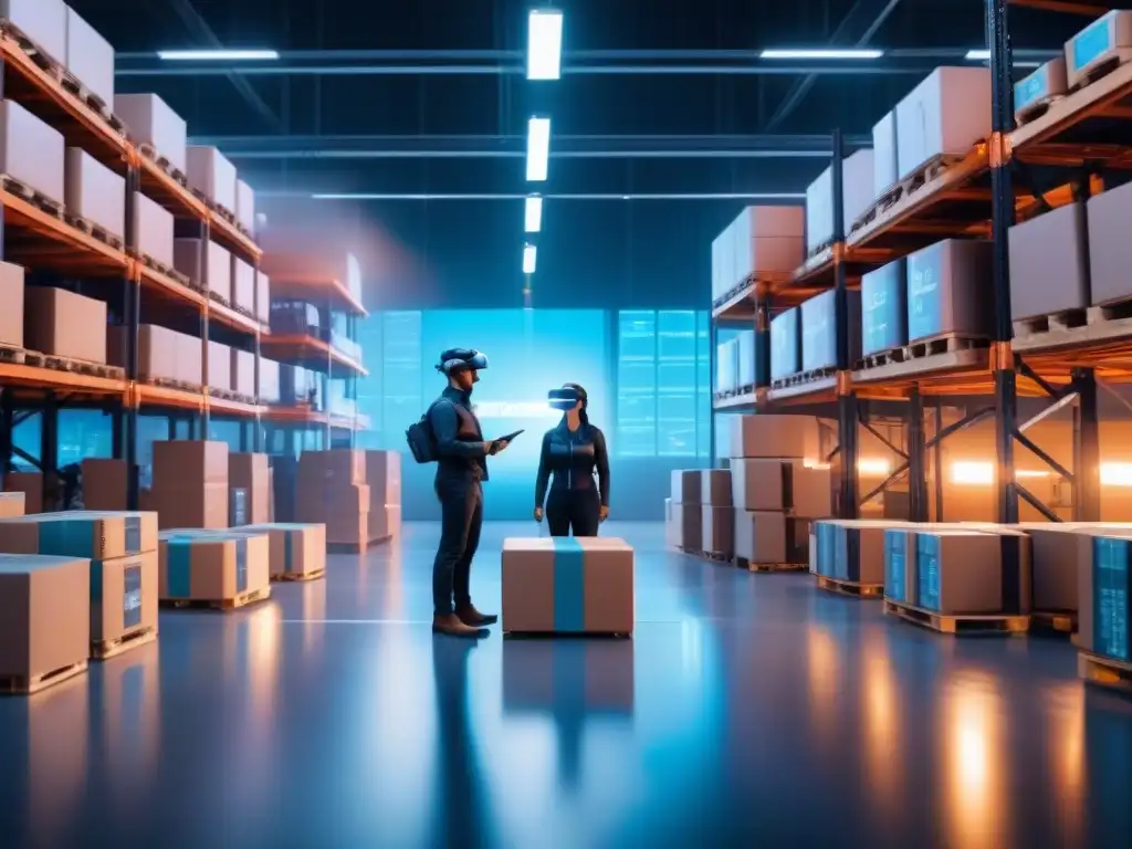 Almacén futurista: drones y robots organizan cajas con precisión Eficiencia en logística con tecnología: Almacén futurista lleno de drones y robots autónomos organizando cajas, iluminado por pantallas de datos