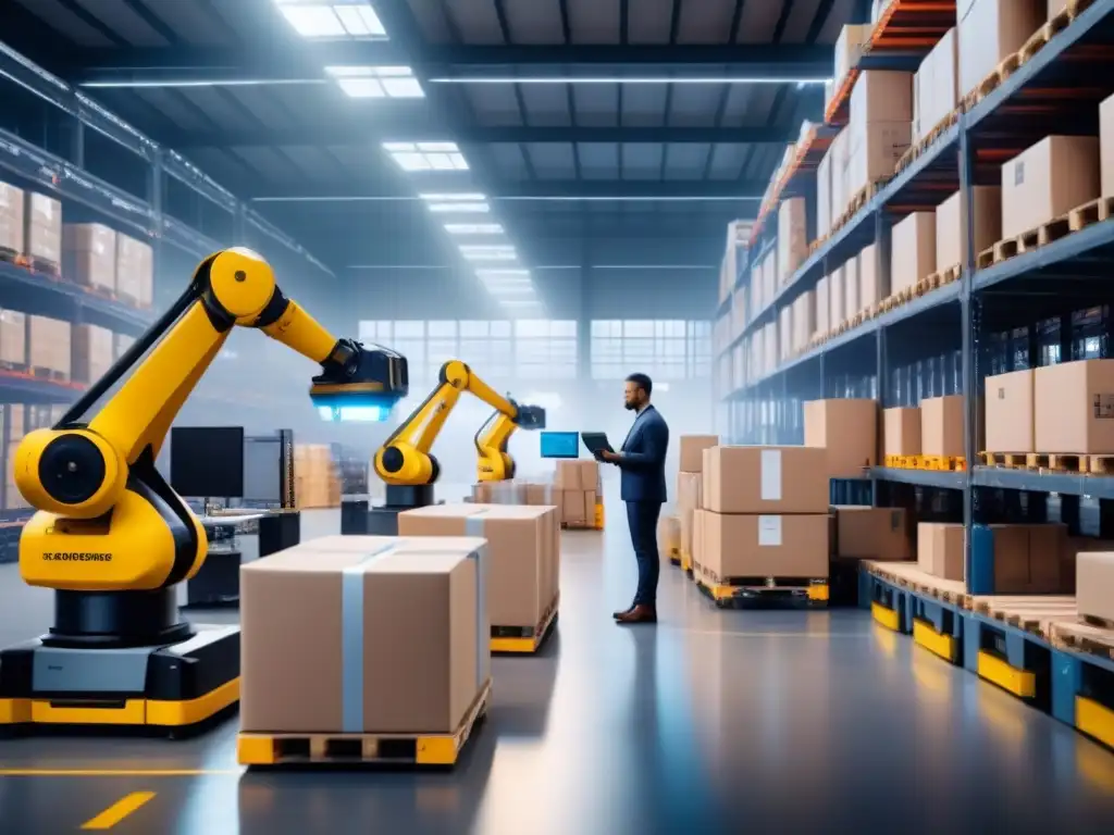 Almacén futurista: robots y trabajadores en armonía Eficiencia en logística con tecnología: almacén futurista con robots y trabajadores monitoreando datos en tiempo real