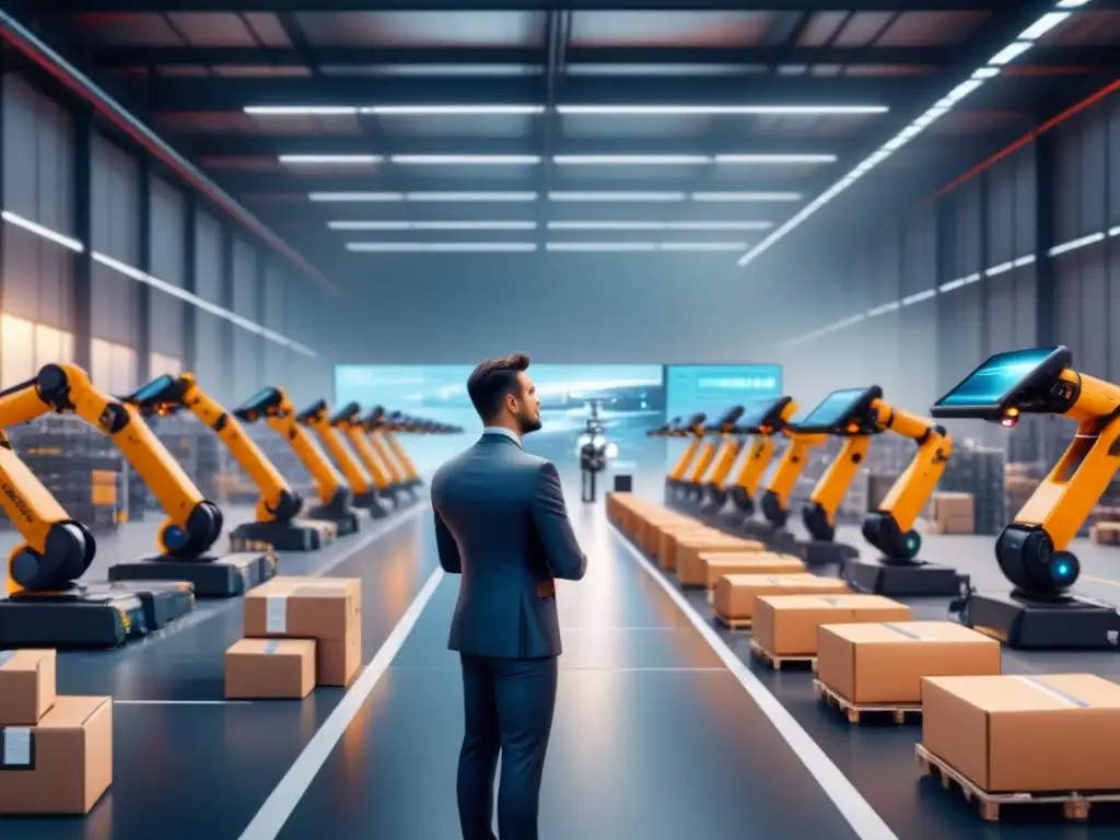 Almacén del futuro: robots y drones revolucionan la logística Eficiencia en logística con tecnología: Almacén futurista lleno de brazos robóticos, drones y operaciones automatizadas