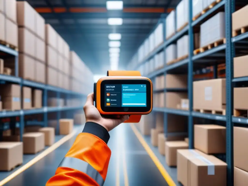 Trabajador escaneando paquetes con tecnología wearable en almacén logístico Eficiencia en la logística: brazo de trabajador con wearables escaneando paquetes en almacén