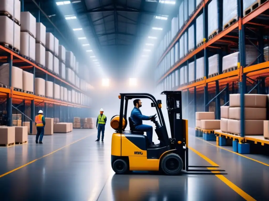 Eficiencia logística: trabajadores con auriculares, montacargas silenciosos y materiales insonorizantes