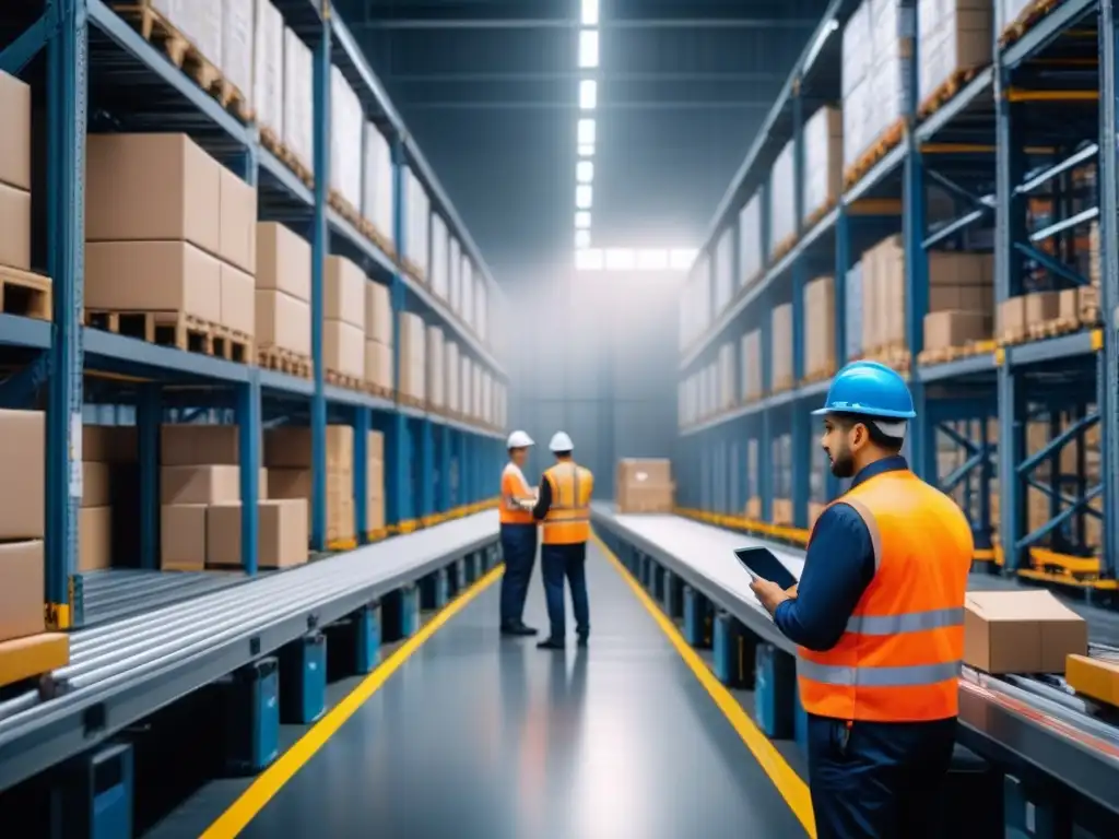Eficiencia máxima en integración vertical: Almacén moderno con tecnología avanzada y trabajadores organizando inventario