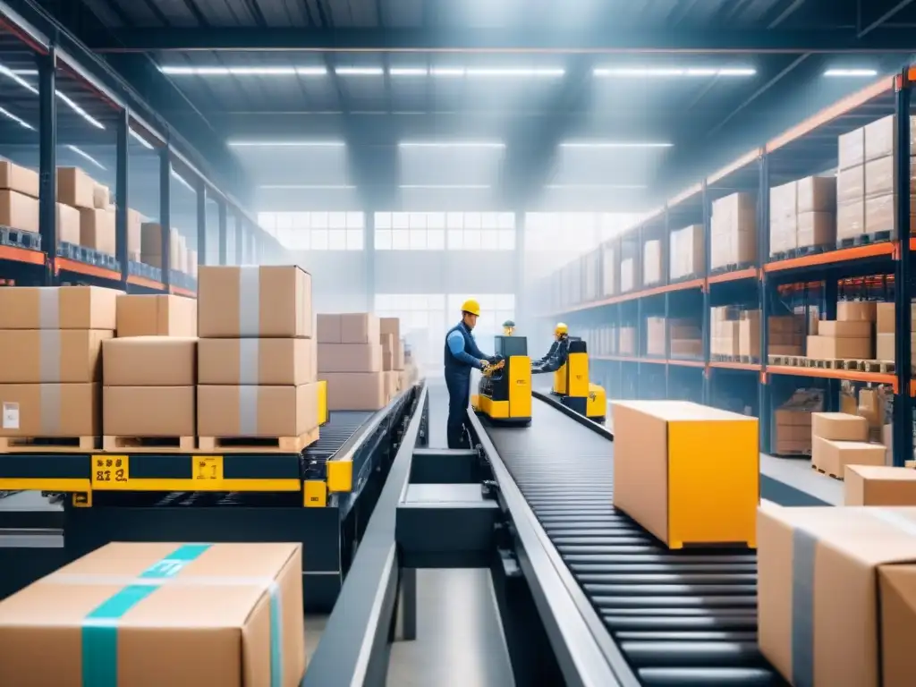 Eficiencia máxima en integración vertical: Trabajadores y robots organizando inventario en almacén