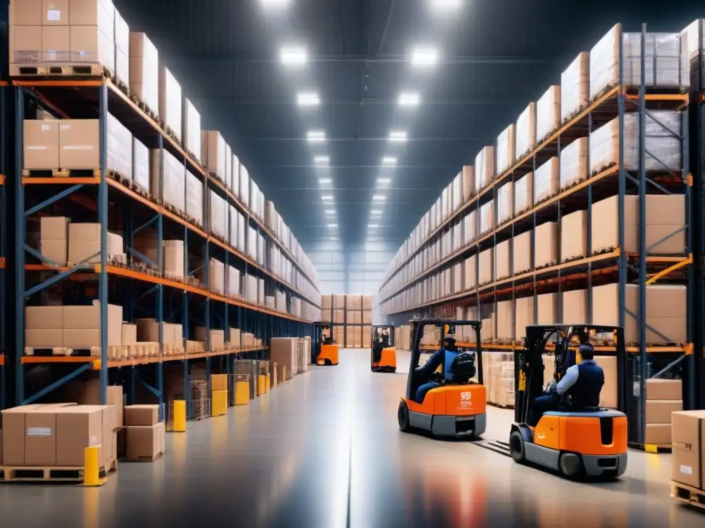 Almacén logístico en plena acción: eficiencia y velocidad Eficiencia operativa en logística con Big Data: Almacén bullicioso con trabajadores, montacargas y paquetes en estantes altos