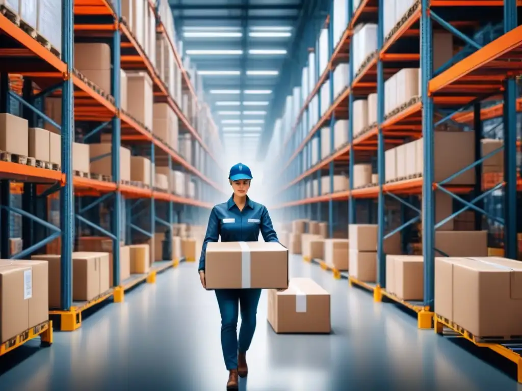 Centro logístico de alta tecnología: Big Data en acción Eficiencia operativa en logística con Big Data: Centro de distribución bullicioso con tecnología avanzada y trabajadores eficientes