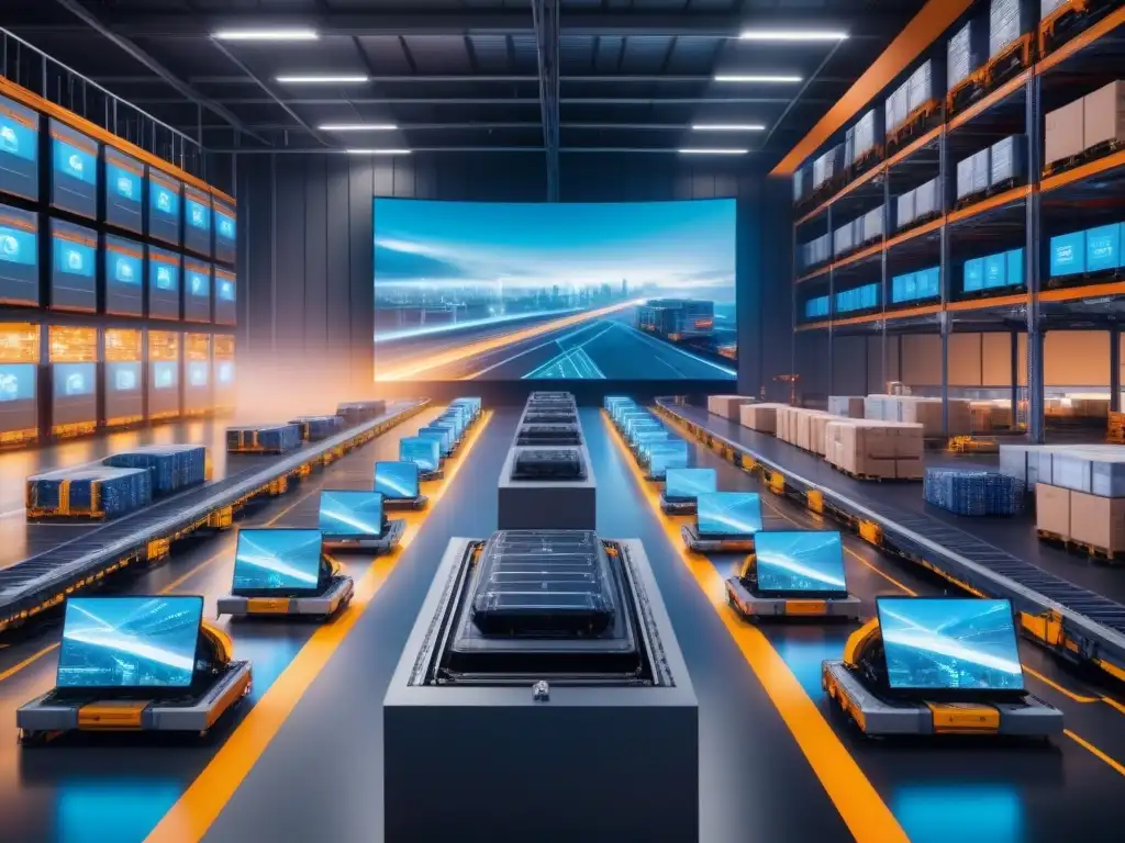 Centro logístico tech: robots y humanos gestionan envíos Eficiencia operativa en logística con Big Data: Centro logístico con tecnología de vanguardia y robots trabajando en armonía